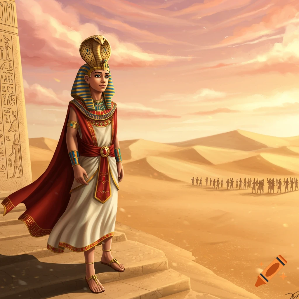 A young person dressed as an ancient Egyptian pharaoh with a cobra crown stands on stone steps beside a hieroglyph-covered obelisk, looking across a vast desert with distant figures under a warm sky.