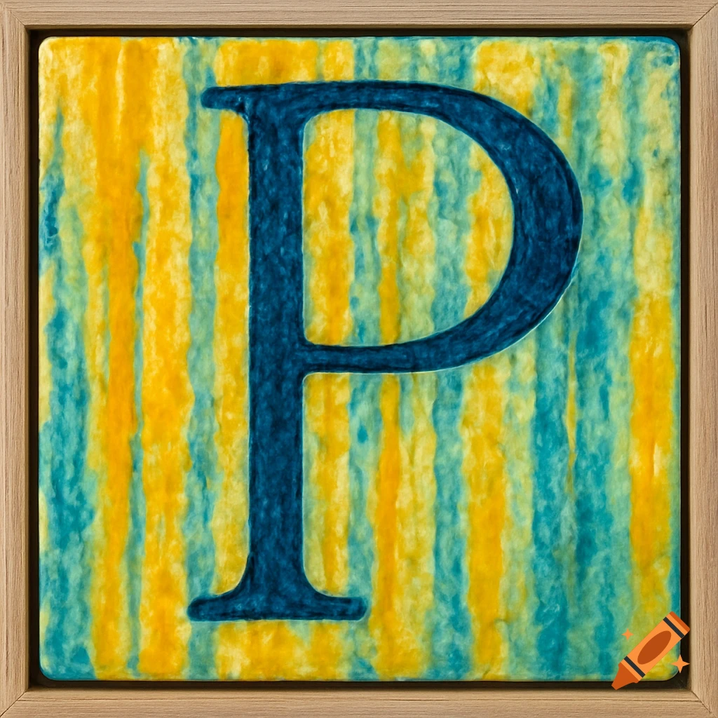A textured encaustic monotype art piece featuring a dark blue letter P on a background of vertical yellow and blue lines within a light wooden frame.