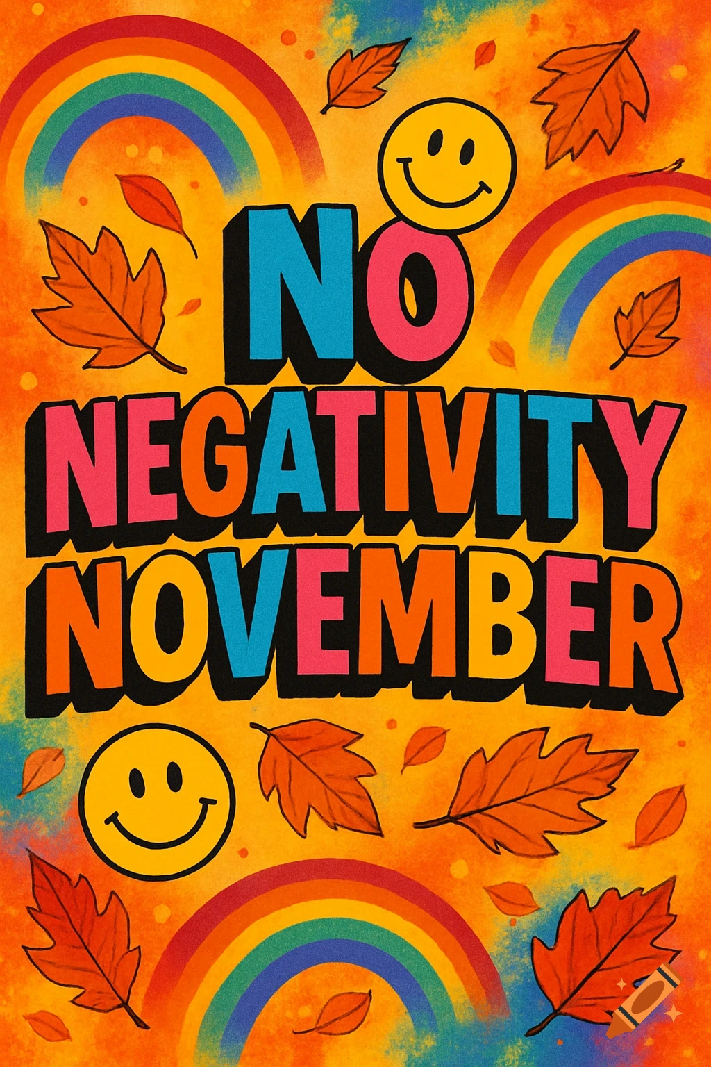 A vibrant poster with 'No Negativity November' in bold, colorful text, featuring autumn leaves, rainbows, and smiley faces on an orange background.