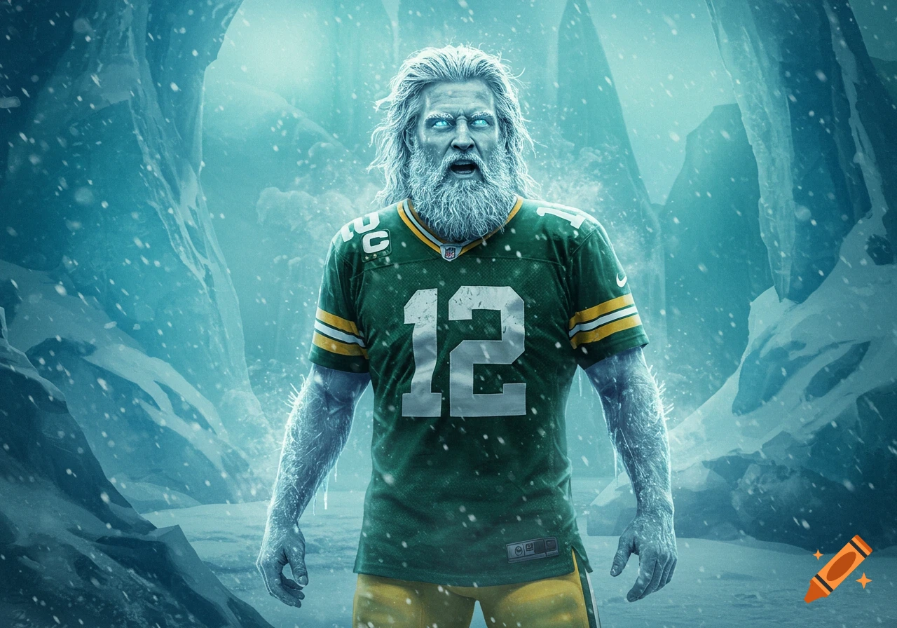 An icy, muscular man with a white beard and glowing blue eyes, wearing a green Green Bay Packers jersey with the number 12, stands in a snowy, ice cave.