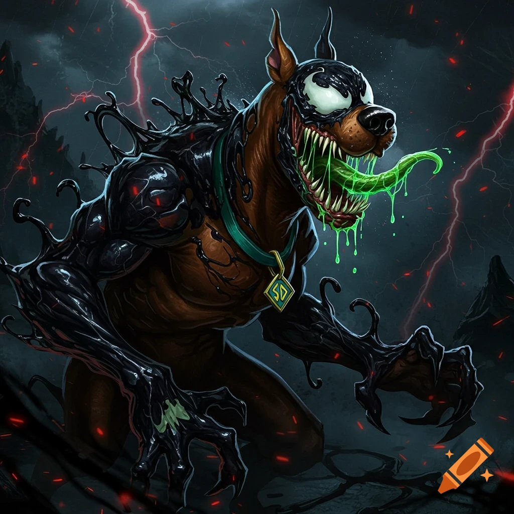 A monstrous, Venom-infected Scooby Doo, with sharp teeth and green drool, snarls against a stormy background in a dark comic art style.