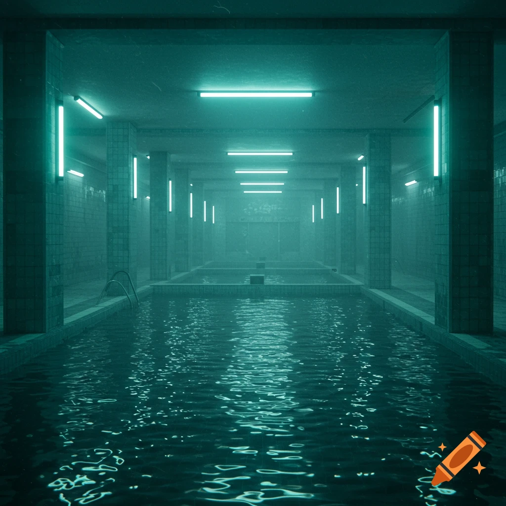 Eerie long indoor swimming pool room with glowing teal fluorescent lights reflecting on the still water, tiled walls, and pillars.