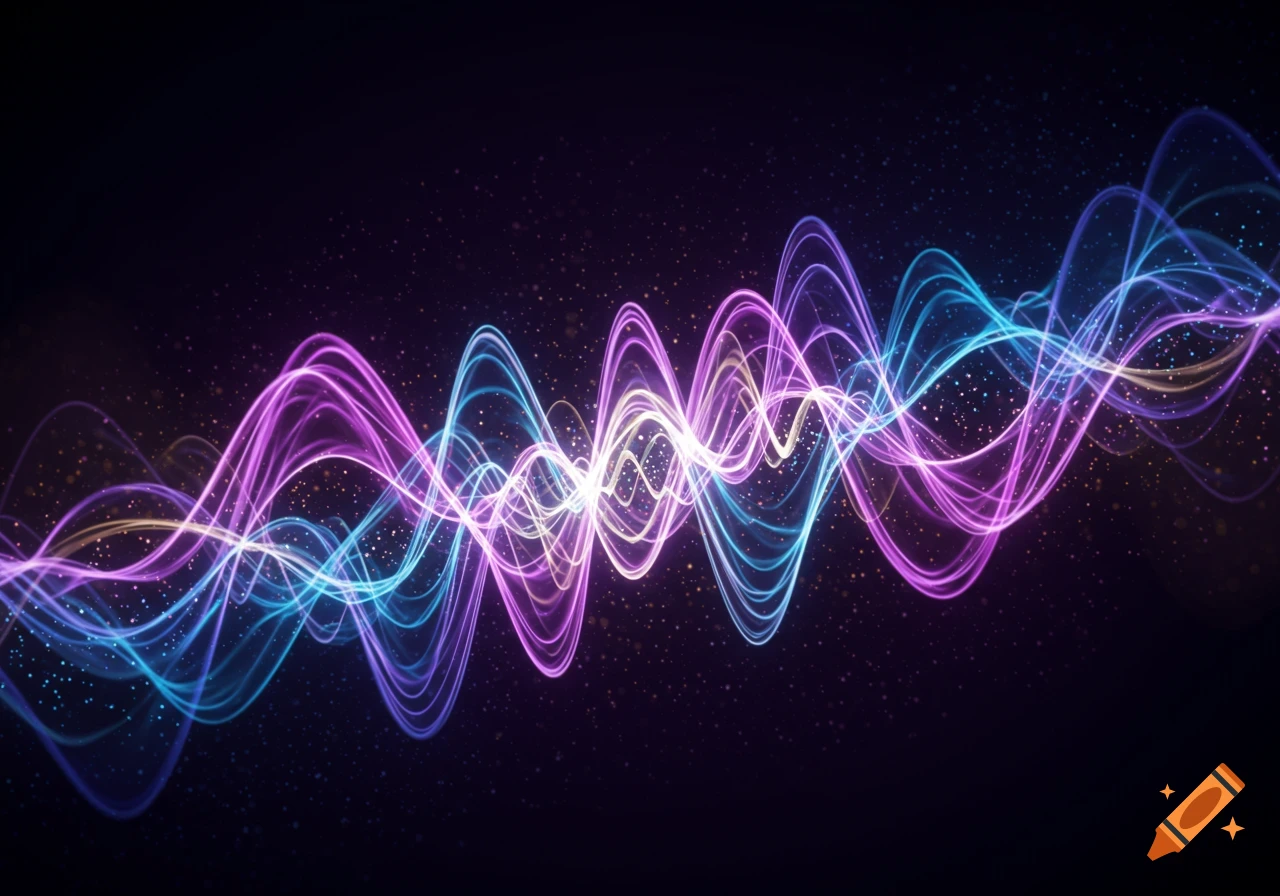 Glowing abstract wavy lines in purple, blue, and white against a dark, speckled background.