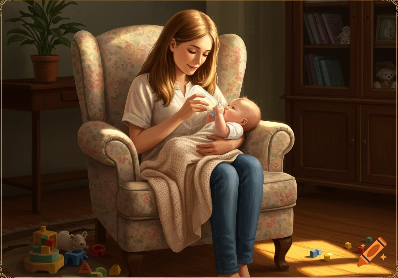 Illustrated mother bottle-feeding her baby in a cozy armchair in a sunlit room with toys.