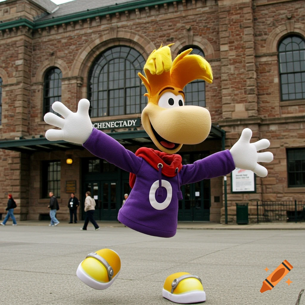 The Rayman character floats with arms outstretched in front of a large ...