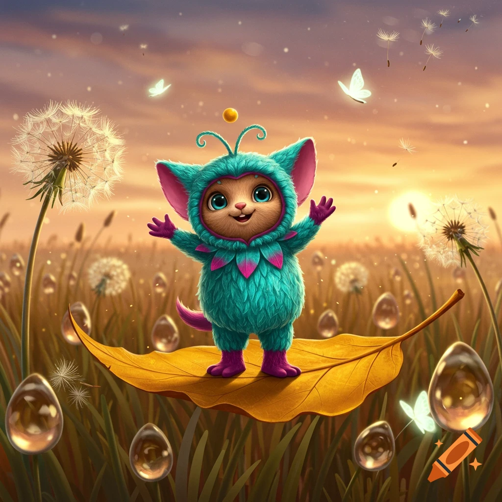 A cute, fluffy, teal creature in a costume stands on a golden leaf in a field of dandelions at sunset, in a whimsical style.