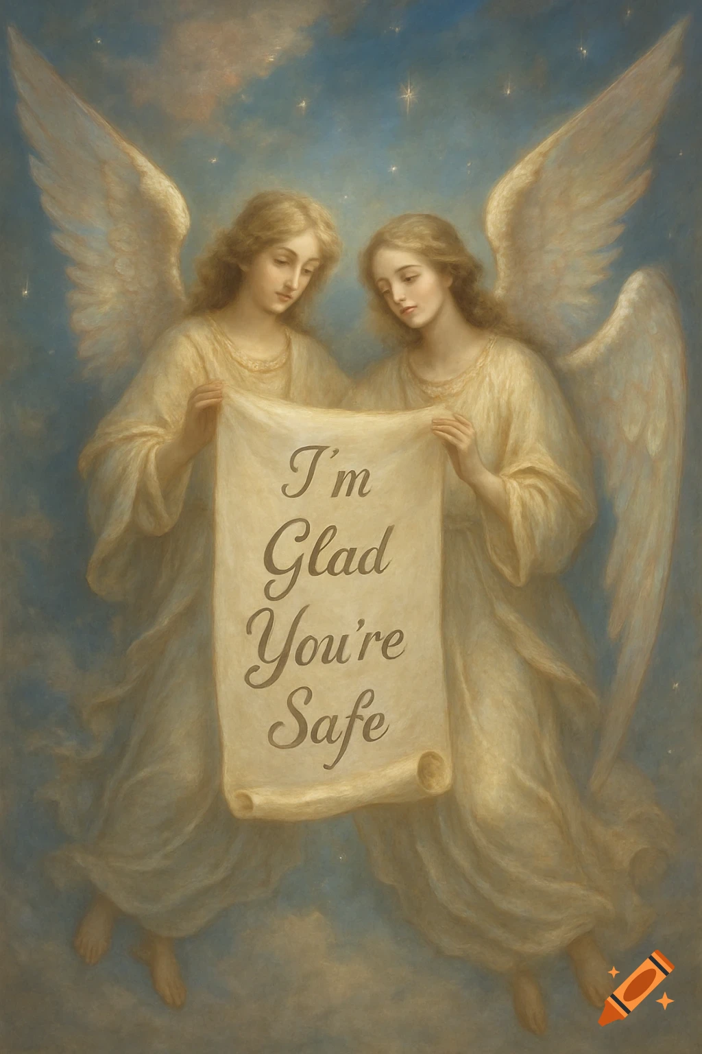 Two blonde angels in flowing robes hold a scroll that reads "I'm Glad You're Safe" against a cloudy, starry sky in a classical painting style.