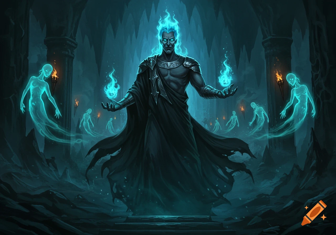 Hades, with flaming blue hair and hands, in a dark cavernous underworld with glowing blue ghosts, fantasy art.