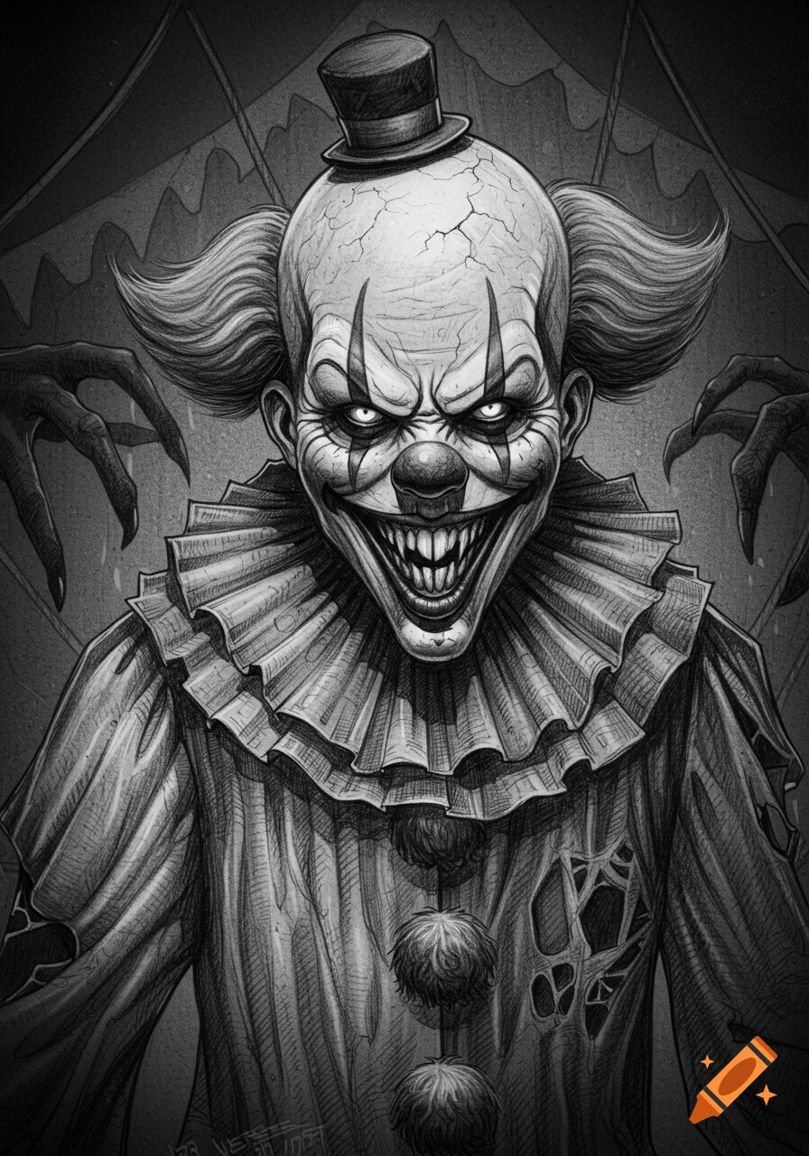 Black and white sketch of a terrifying clown with a cracked head, glowing eyes, sharp teeth, and a top hat, with shadowy hands in the background.