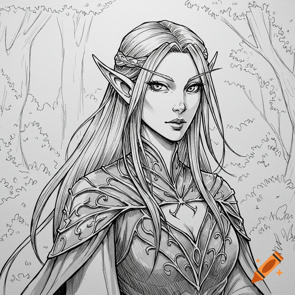 Black and white hand-drawn illustration of a female elf character with ...