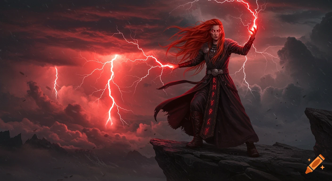 A red-haired Norse witch with glowing eyes stands on a cliff, casting red lightning during a storm. Fantasy art.
