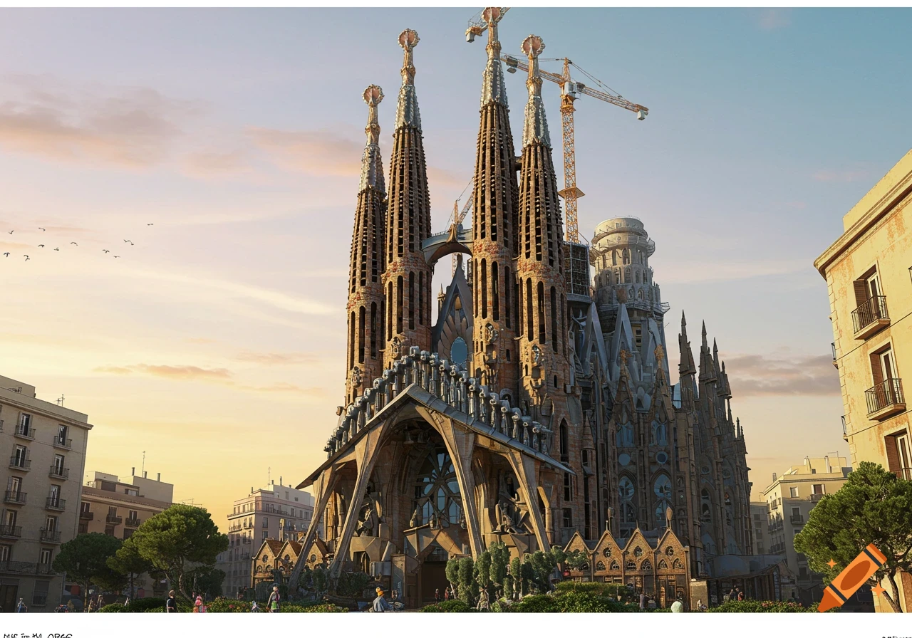 Photorealistic view of the Sagrada Familia made of intricate recycled metal, with construction cranes, under a warm sunset sky.