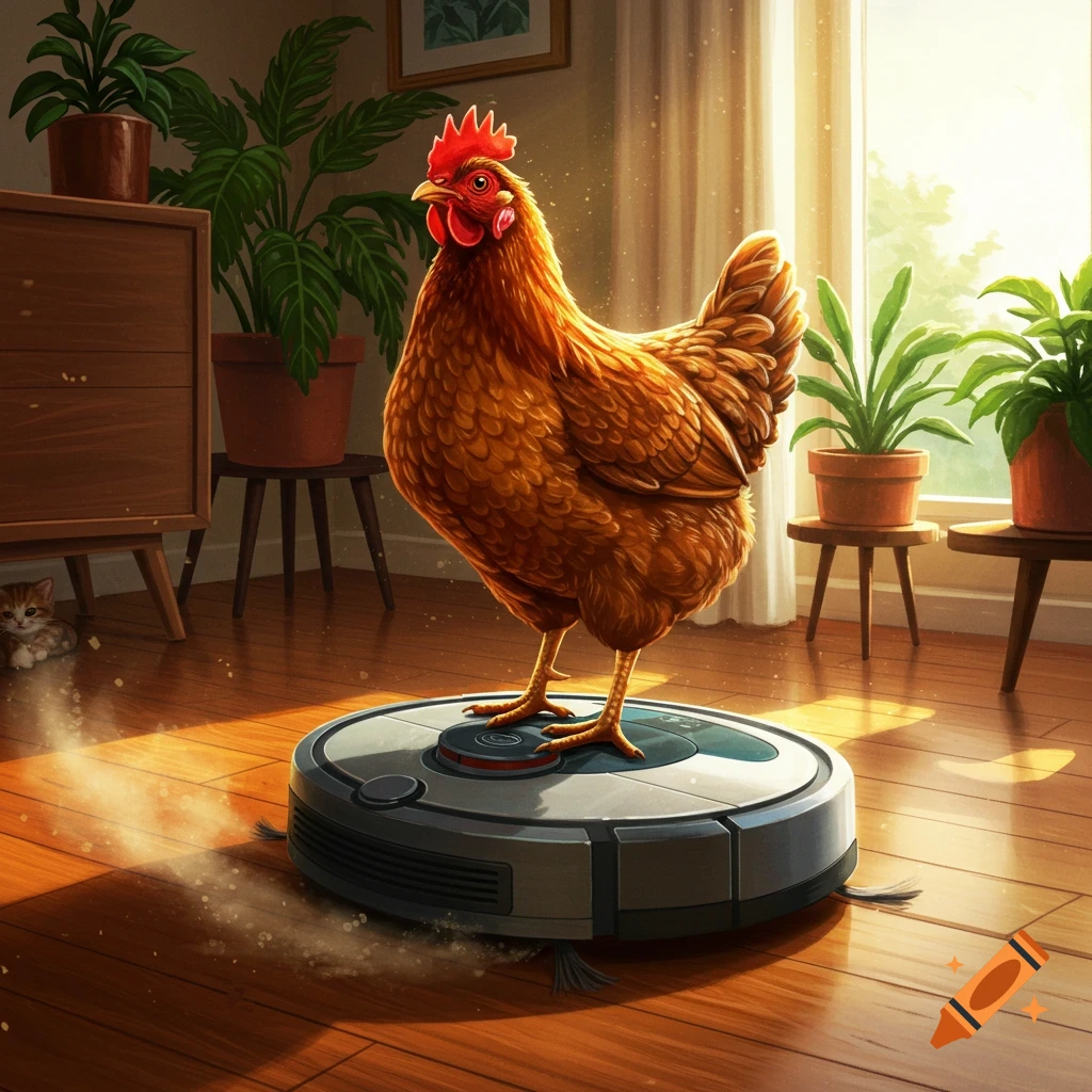 A photorealistic brown chicken stands on a robot vacuum cleaner, cleaning a sunny living room with wooden floors and potted plants.
