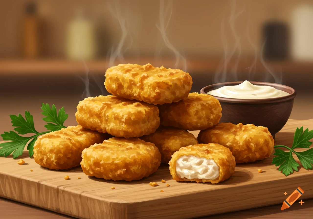 An illustration of golden-brown nuggets steaming on a wooden board with a bowl of white dipping sauce and parsley sprigs.