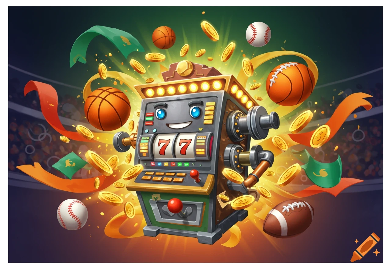 A friendly cartoon slot machine character with "7 7" on its reels, surrounded by basketballs, baseballs, footballs, gold coins, and ribbons.
