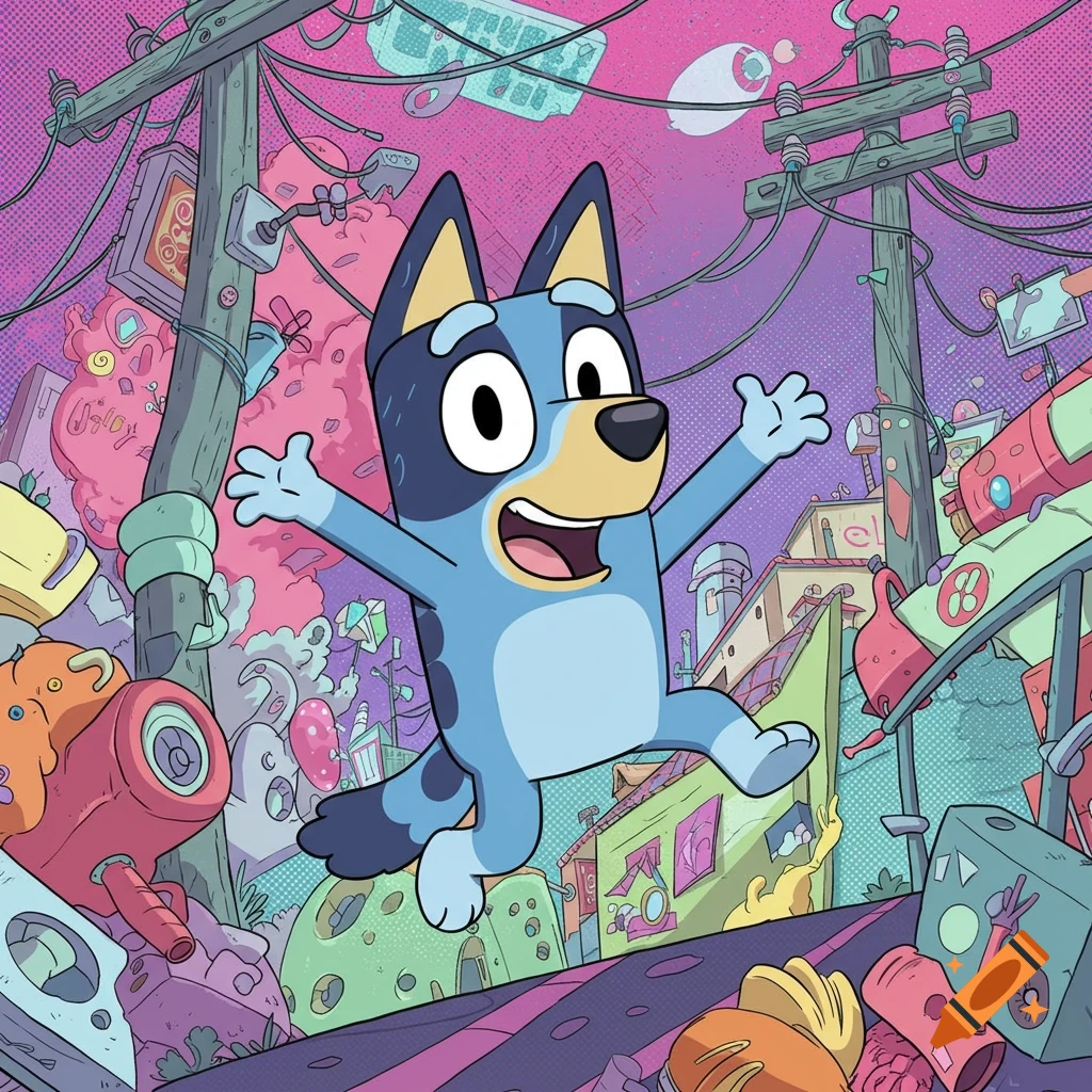 Bluey the blue dog cartoon character jumps happily in a surreal, vibrant, pop-art style urban landscape with power lines and abstract elements.