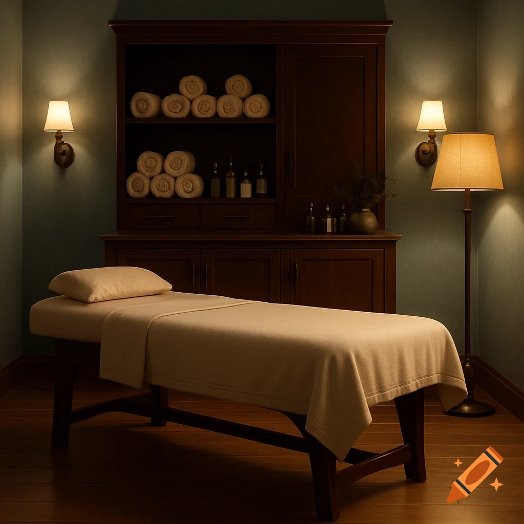A dimly lit massage room with a massage table, a wooden cabinet with rolled towels, and two lamps creating a serene atmosphere.