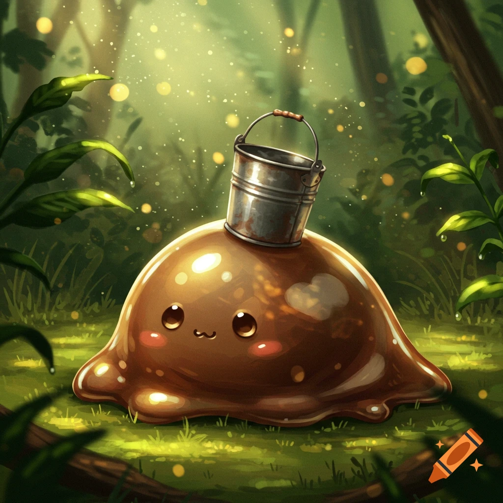 A cute, glossy brown slime with large eyes and blush, wearing a small metal bucket on its head, sitting in a whimsical forest with glowing light.