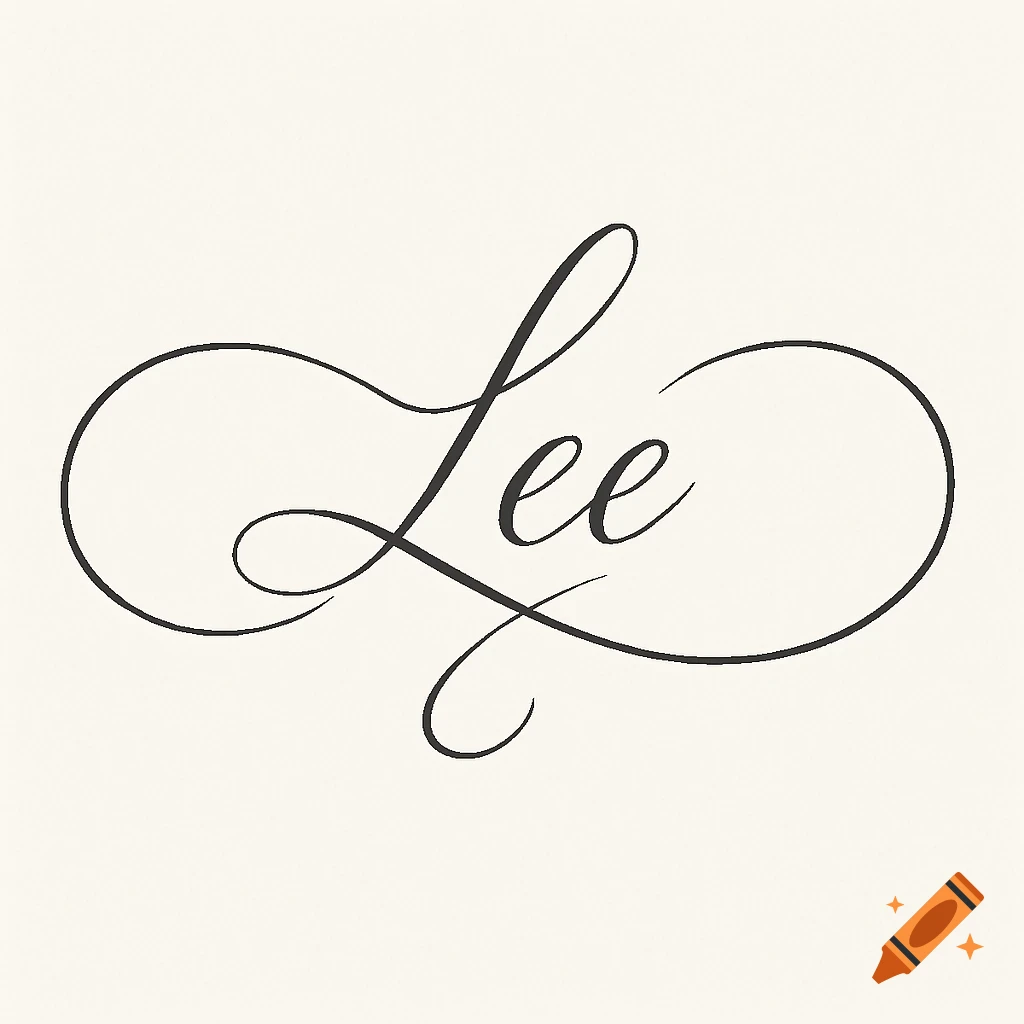 The name "Lee" in black romantic cursive calligraphy, forming an infinity symbol on a light cream background.