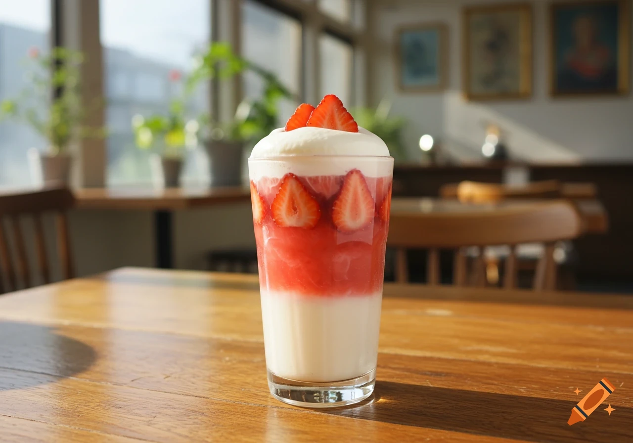 Strawberry latte with whipped cream and fresh strawberries on a wooden table in a sunny cafe.