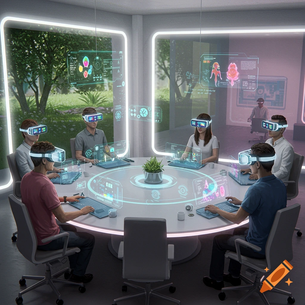People wearing VR headsets in a futuristic meeting room, interacting with holographic screens.