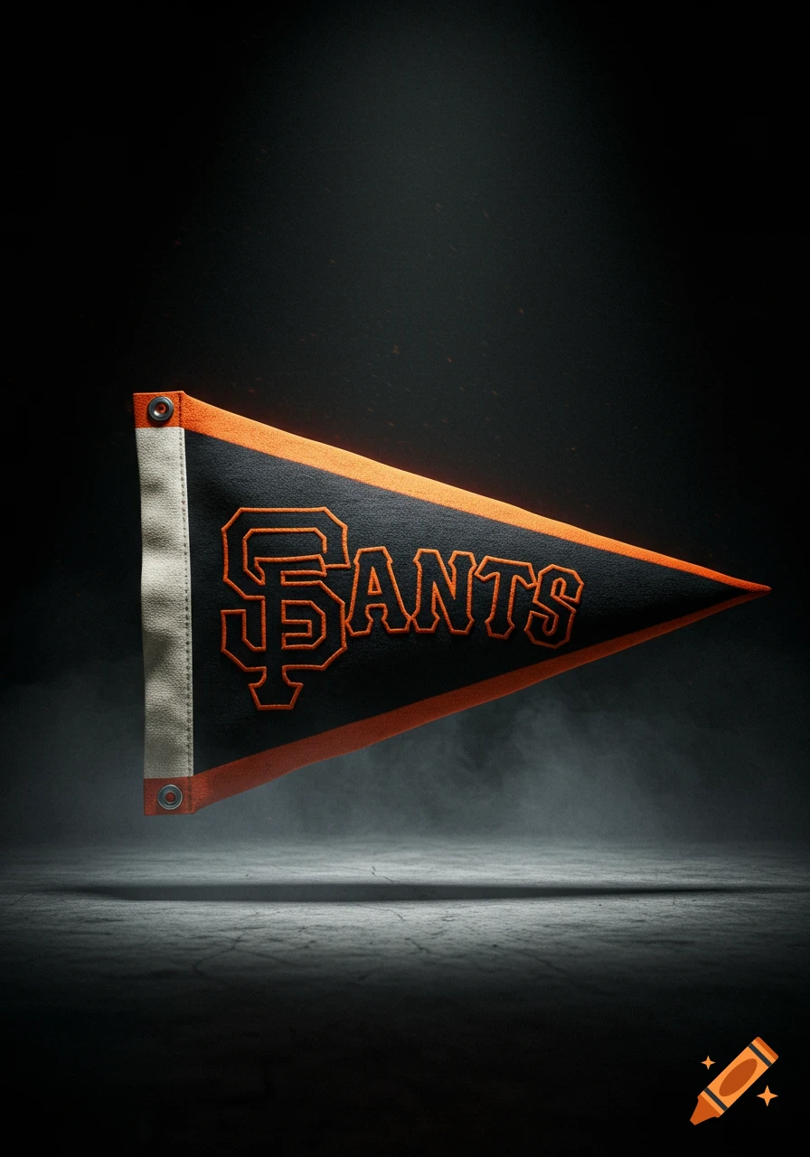A black and orange "SF Giants" pennant against a dark, smoky background with a spotlight.