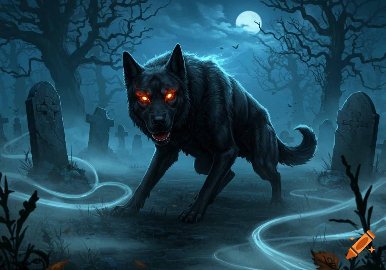 A black wolf with glowing red eyes stands in a misty graveyard at night ...