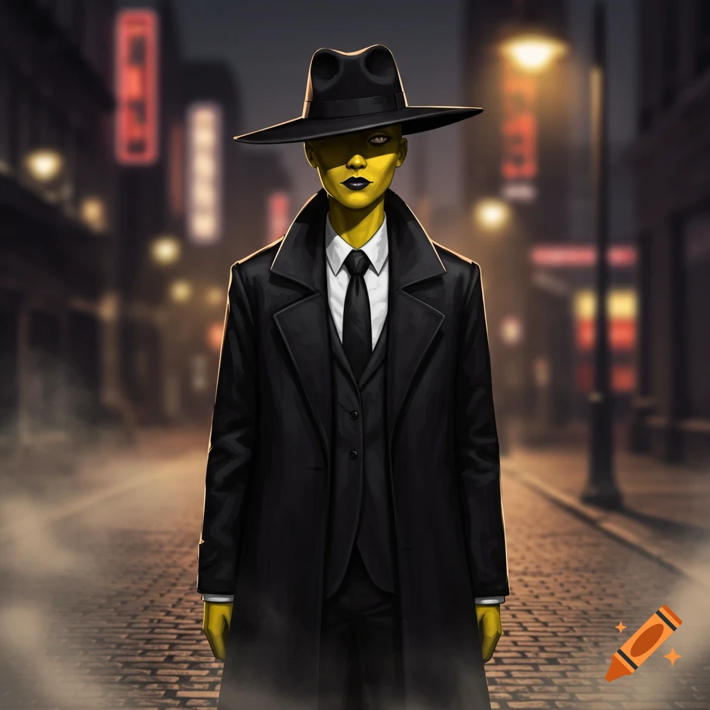 A stylized yellow-skinned character wearing a black fedora and overcoat stands on a cobblestone street at night, with blurry city lights.
