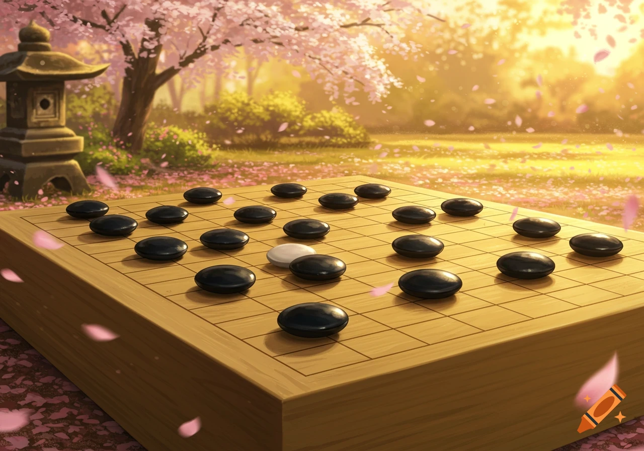 An illustrative image of a wooden Go board with black and one white stones, set in a cherry blossom garden.