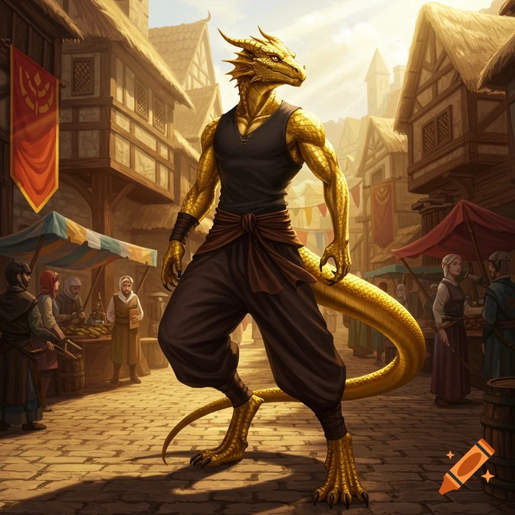 A lean, gold dragonborn monk in a sleeveless black shirt and baggy pants stands in a bustling fantasy town marketplace, detailed fantasy art.