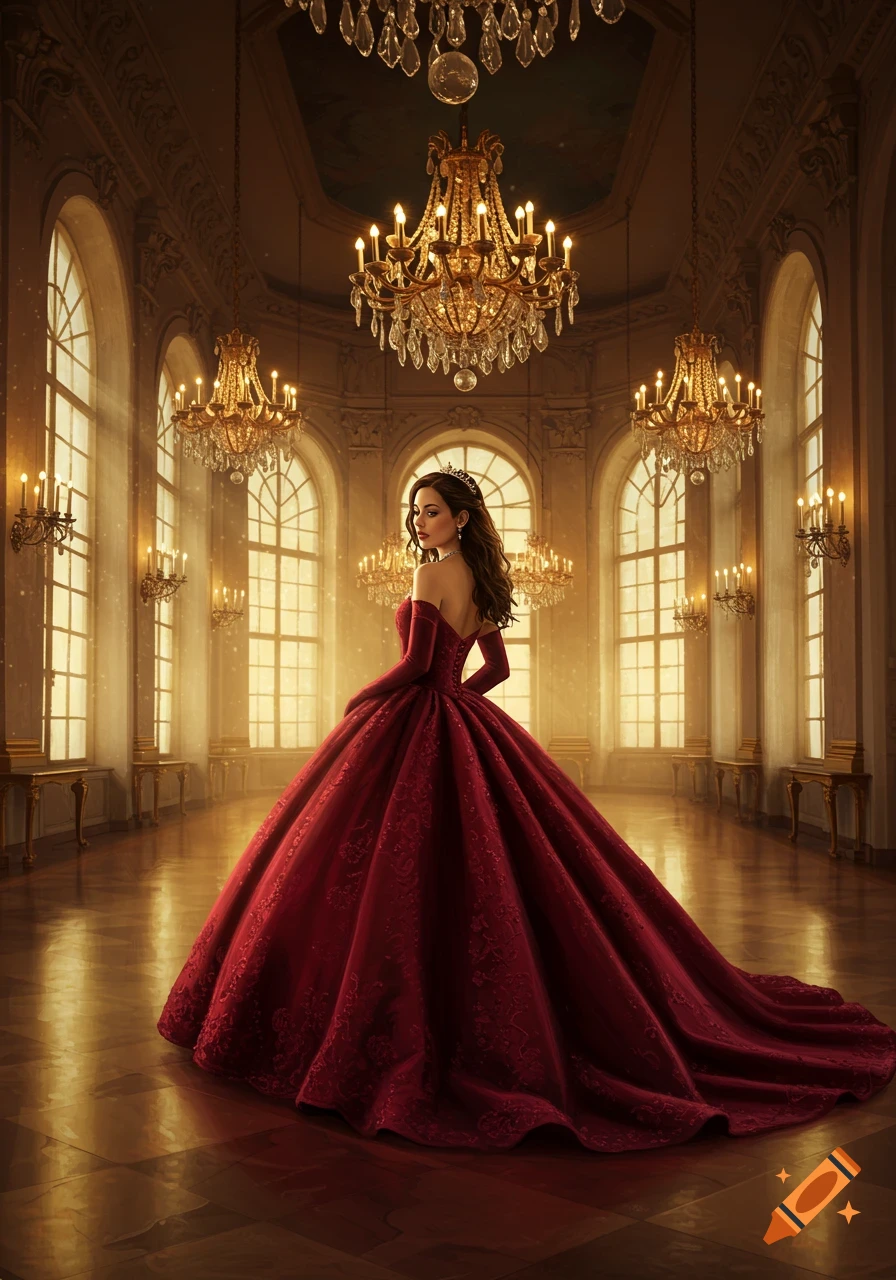 A woman in a flowing, ornate red ball gown stands in a grand, chandelier-lit ballroom with tall arched windows.