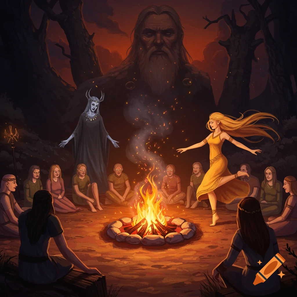 A fantasy illustration of a blonde goddess dancing around a campfire, with people gathered and large figures of Odin and Hel in the dark background.