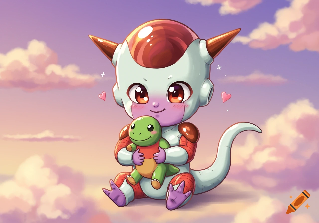 Cute baby Frieza with rosy cheeks holds a green dinosaur plush against a cloudy pink and purple sky in an anime style.