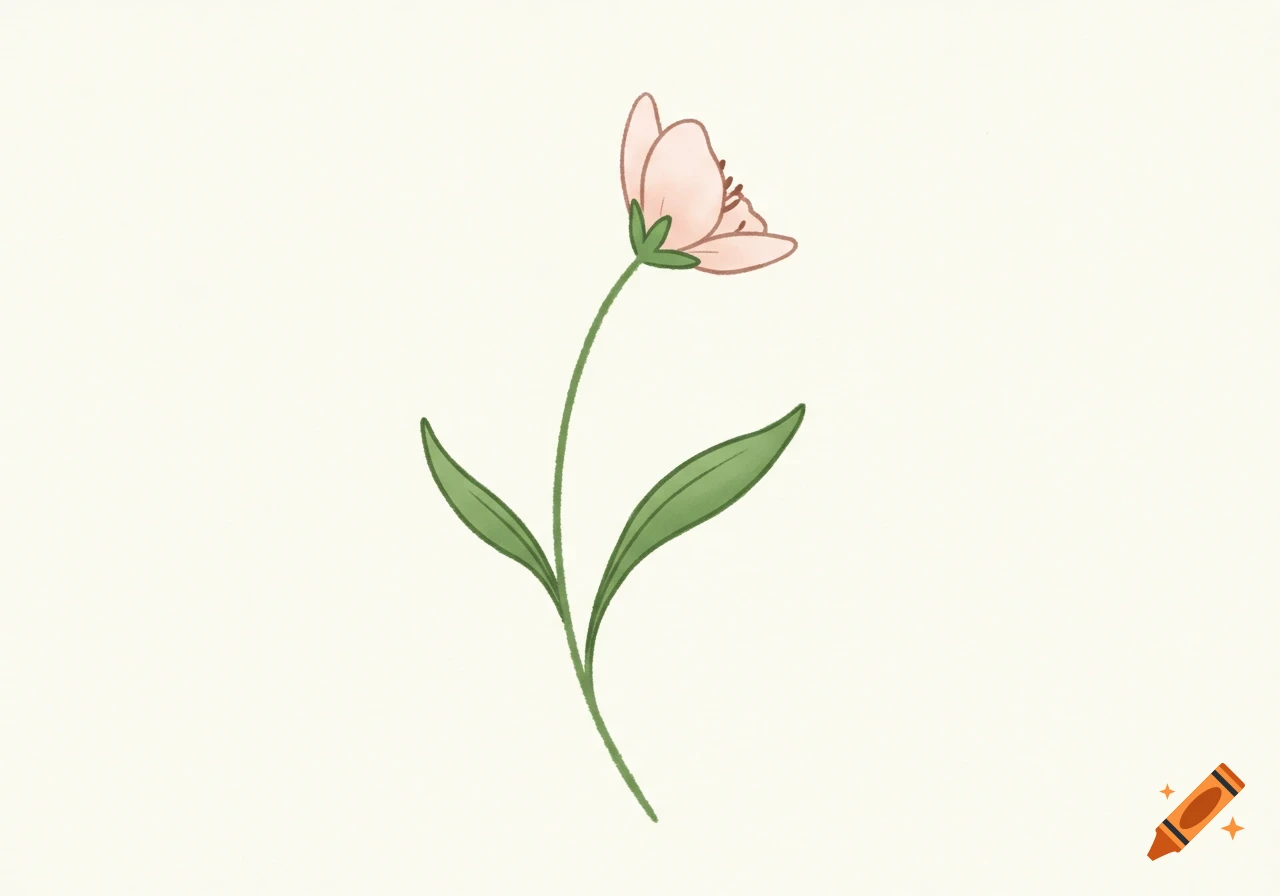 A simple, minimalist illustration of a single pink flower with a thin green stem and two green leaves on a light background.