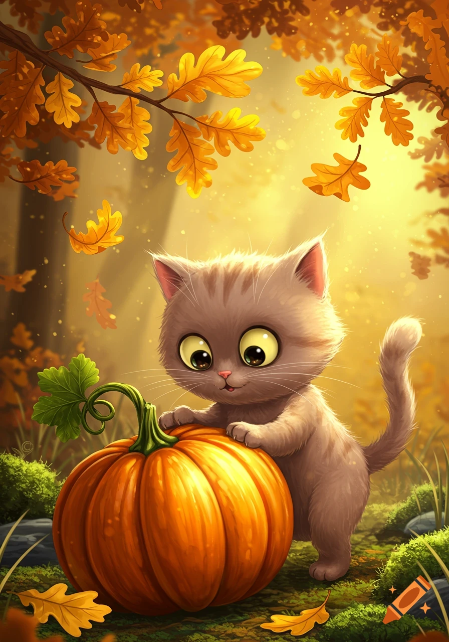 A cute cartoon cat with large eyes peers over a large realistic pumpkin ...