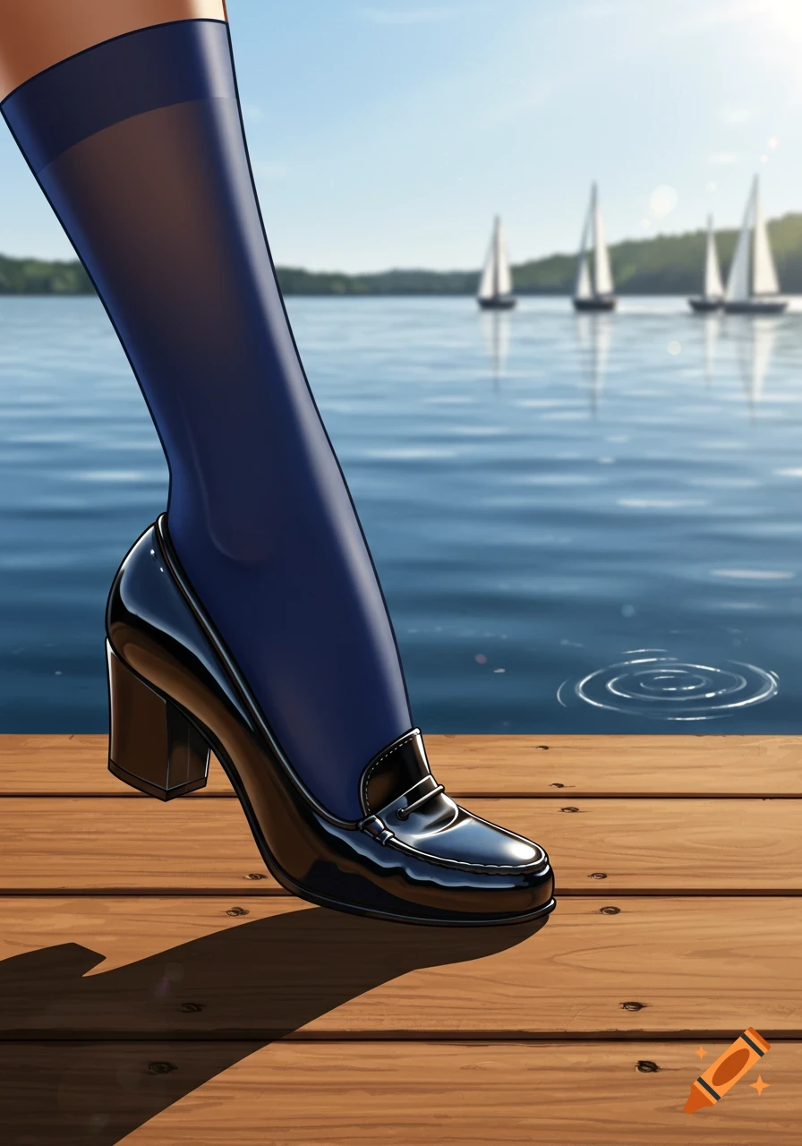 Stylized illustration of a leg in a navy blue stocking and black high-heeled loafer on a wooden dock, with sailboats on a lake in the background.