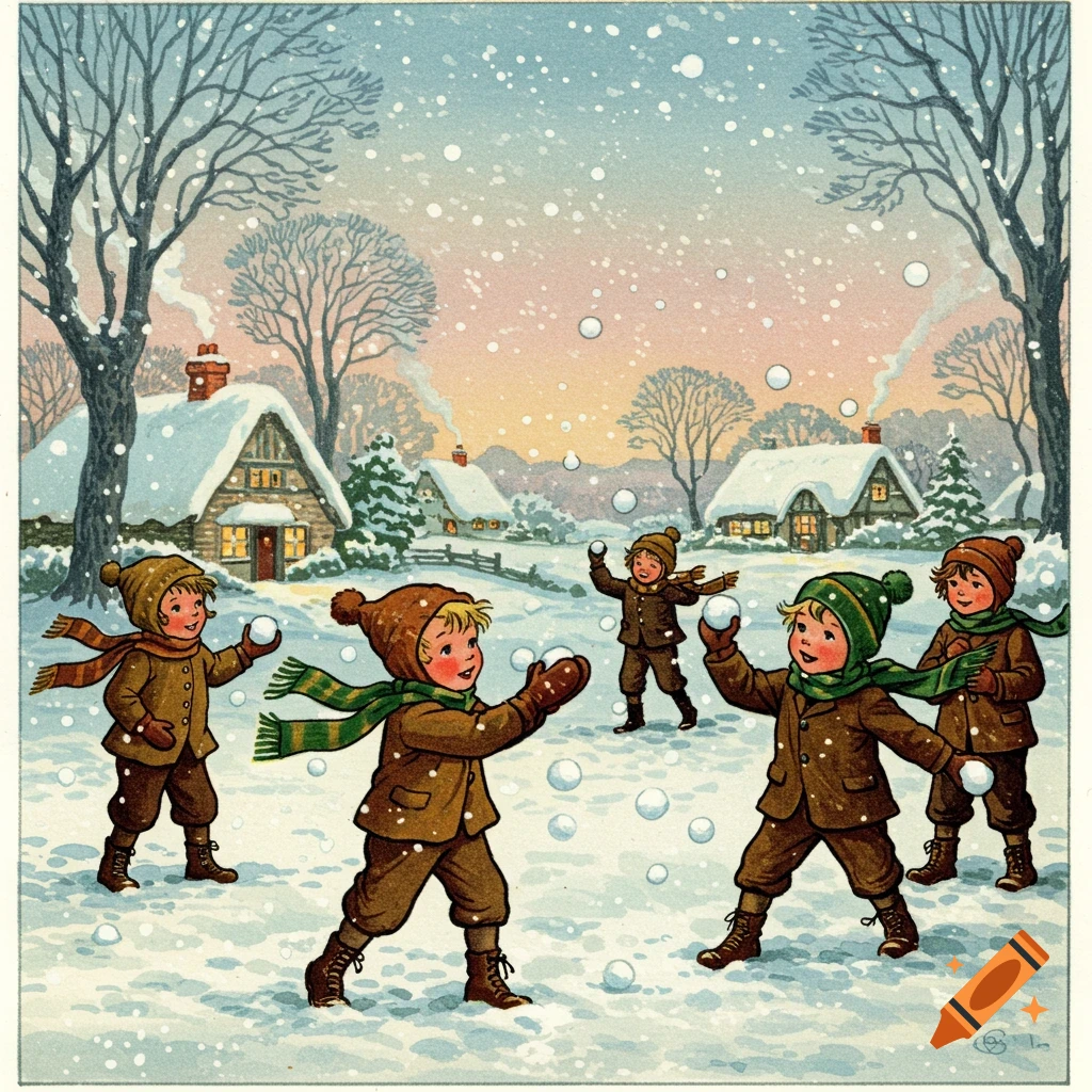 Vintage illustration of five children having a snowball fight in a snowy village with cozy cottages at sunset.