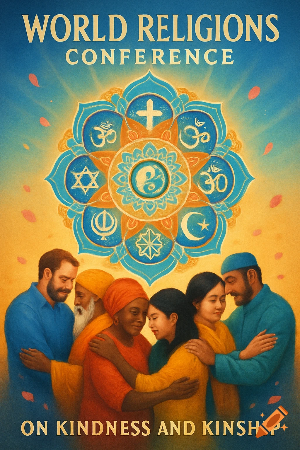Vintage poster for 'World Religions Conference' with diverse people embracing under a mandala of religious symbols. Text: 'On Kindness and Kinship'.