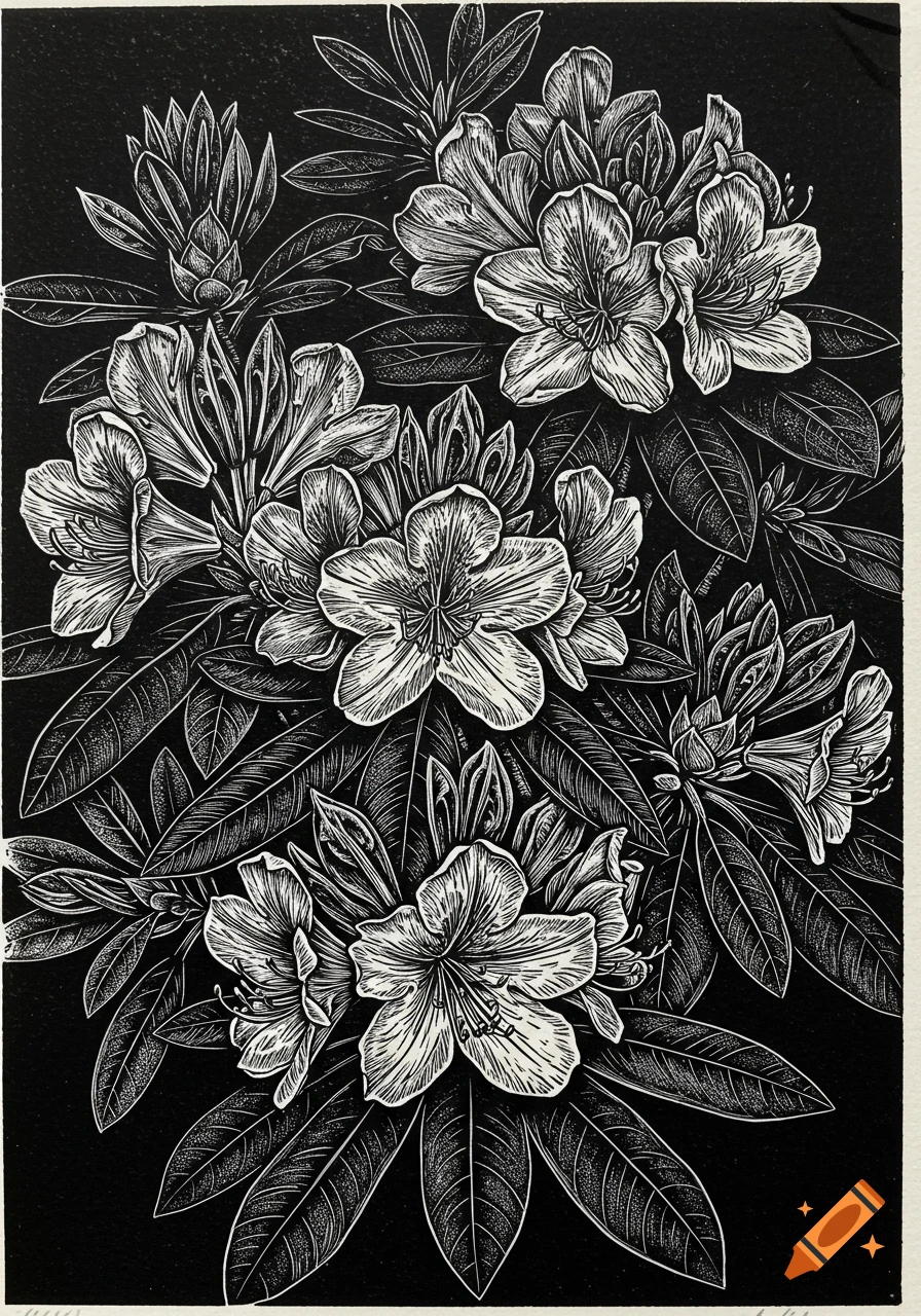 A black and white linocut illustration featuring a dense cluster of rhododendron flowers and leaves.