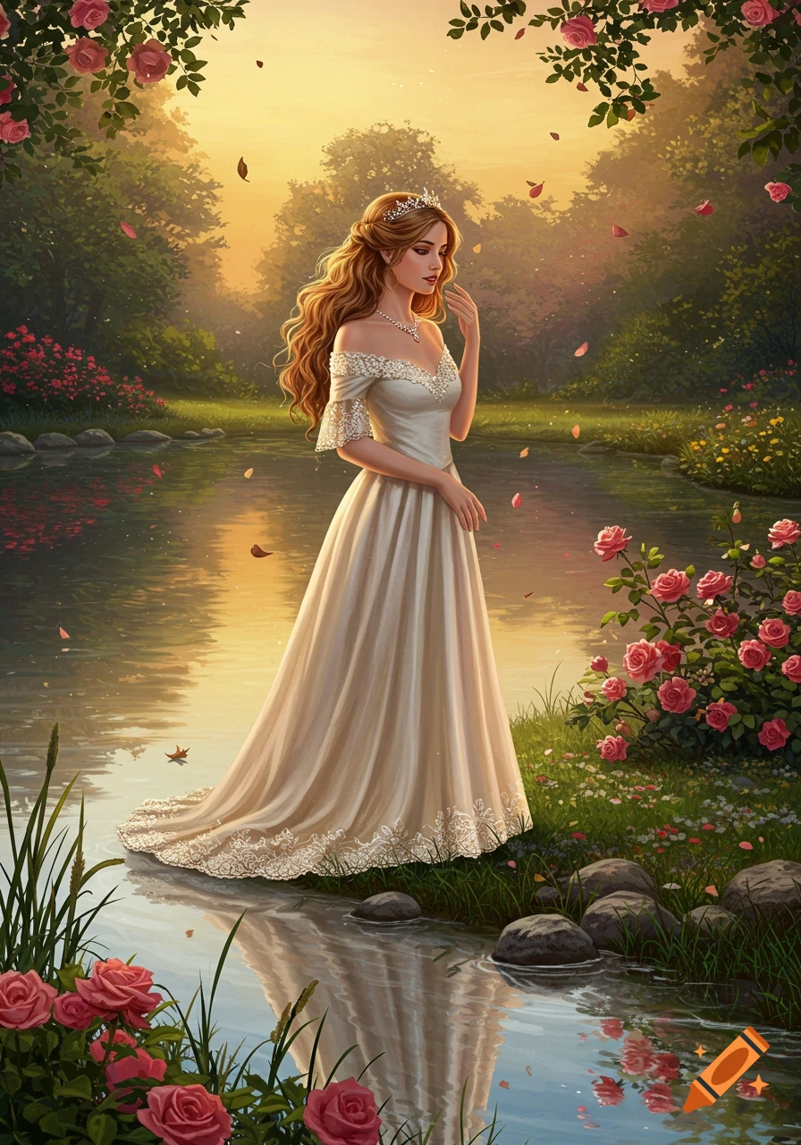 Digital painting of a beautiful princess in a white gown standing thoughtfully by a pond, surrounded by lush roses and trees at sunset.