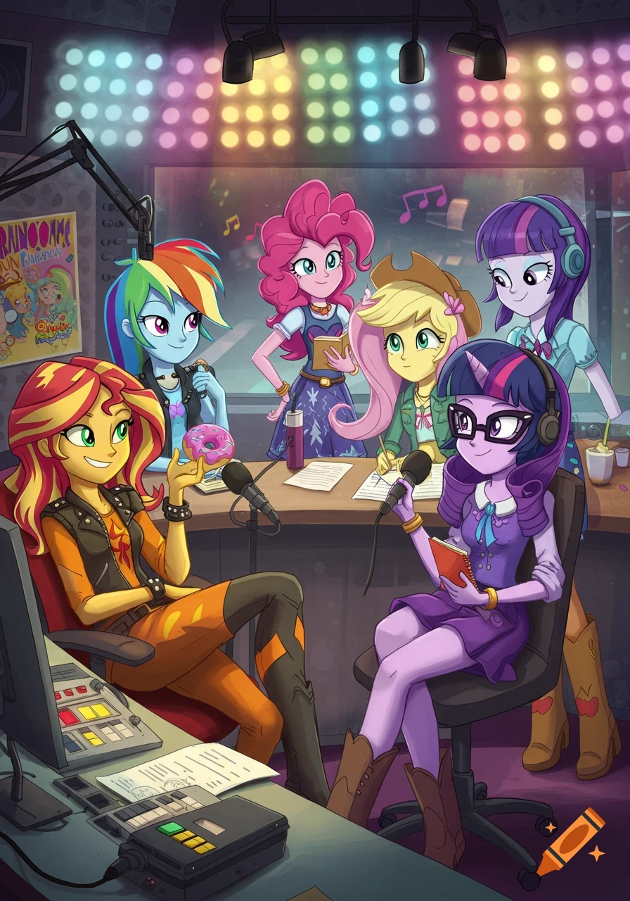 The Rainbooms in a radio interview studio, featuring Sunset Shimmer, Rainbow Dash, Pinkie Pie, Applejack, and Twilight Sparkle.