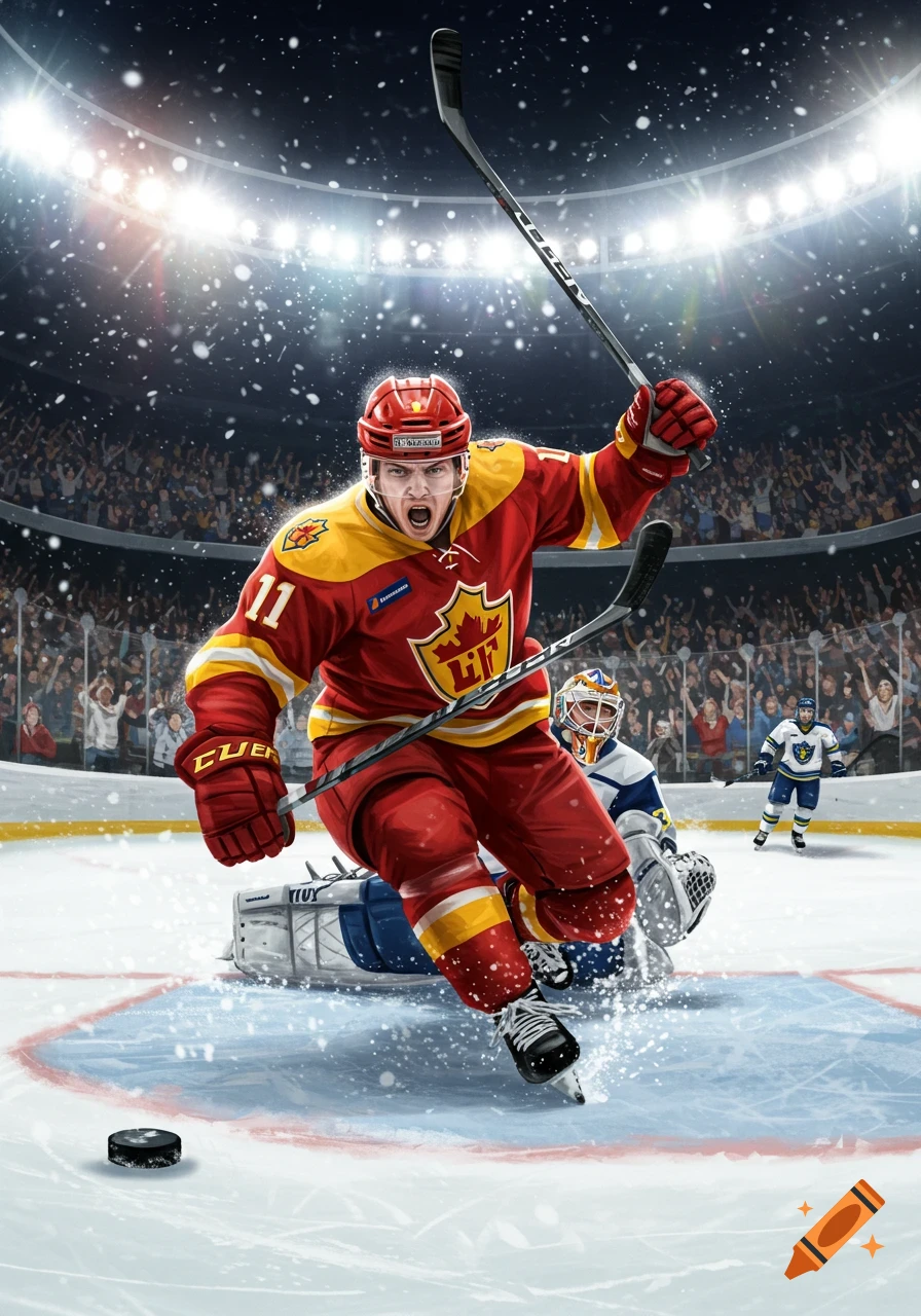 A dynamic illustration of a hockey player in a red and yellow uniform celebrating a goal, stick raised, on an icy rink with snow falling and fans in the background.
