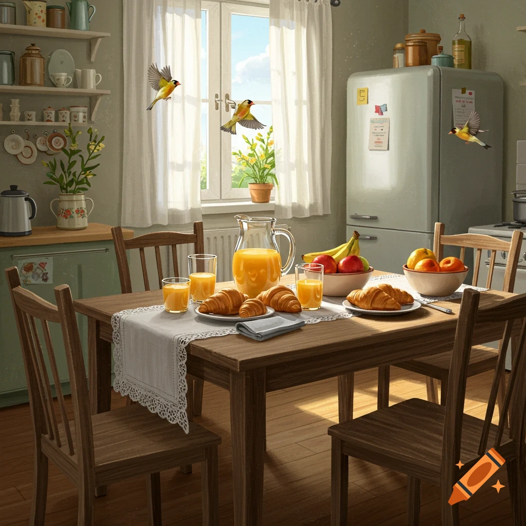 A cozy, sunlit kitchen illustration with a wooden table set for breakfast with croissants, orange juice, and fruit. Birds fly outside a window.