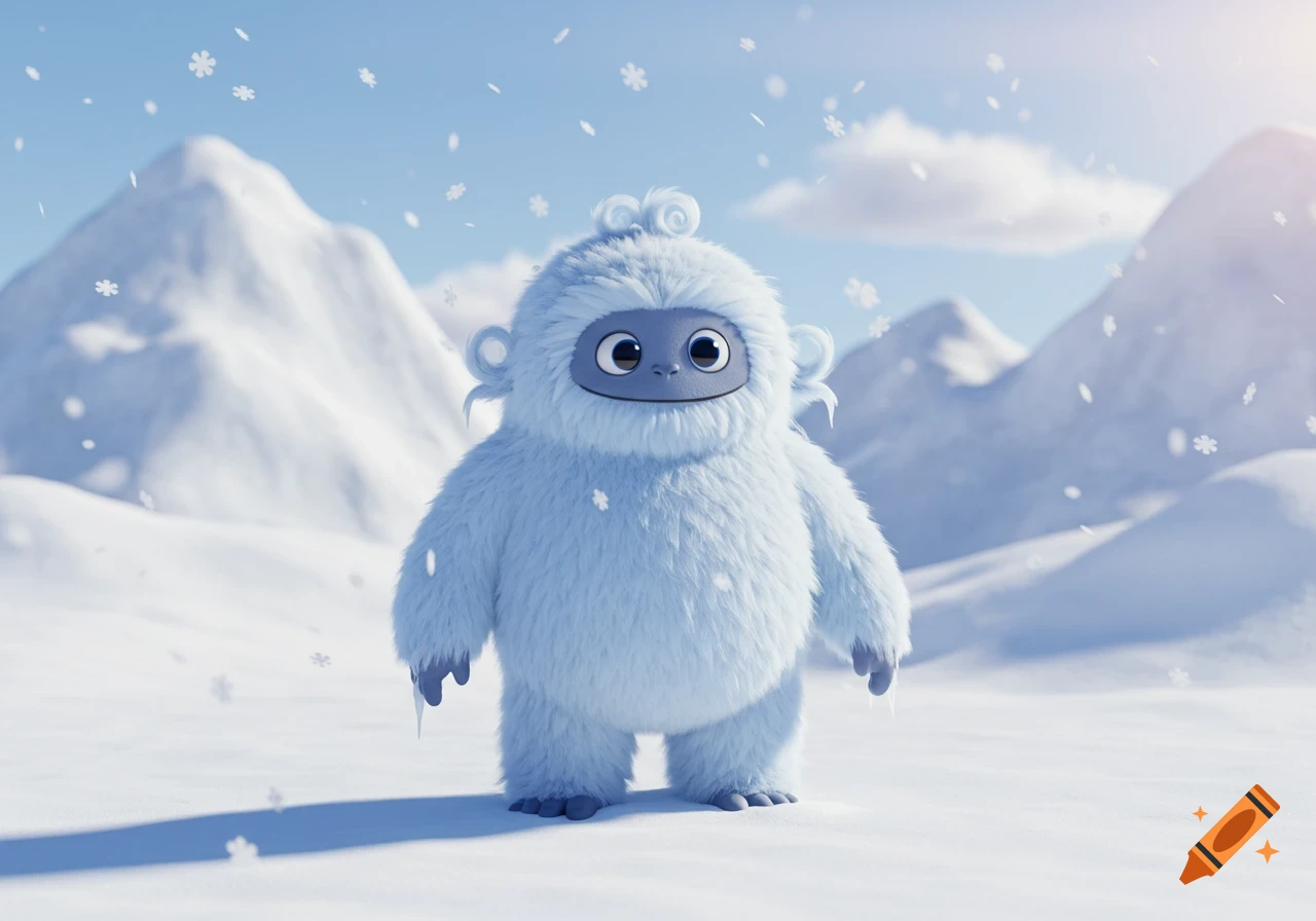 A fluffy blue-white yeti stands in a snowy mountain landscape with falling snowflakes.