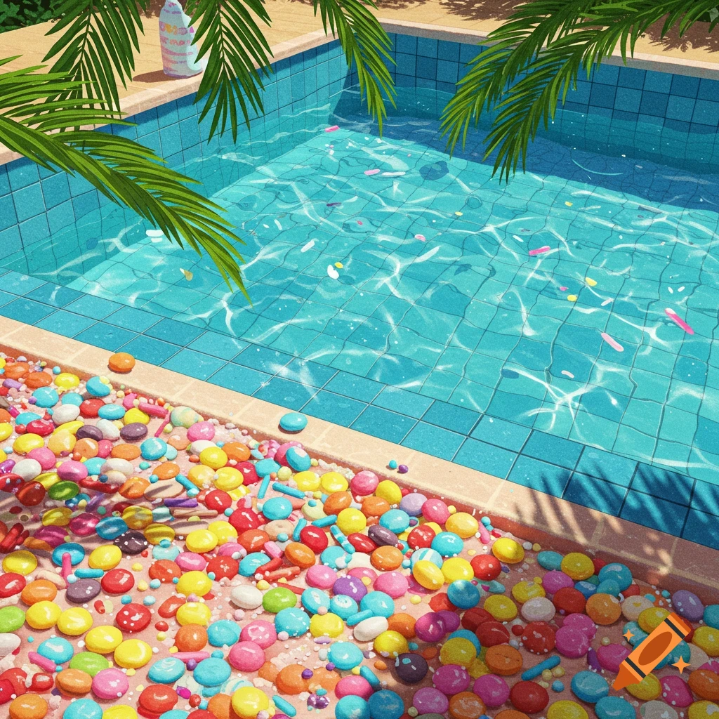 Stylized overhead view of a vibrant blue swimming pool with palm leaves, surrounded by a multitude of colorful candy and sprinkles on the deck.