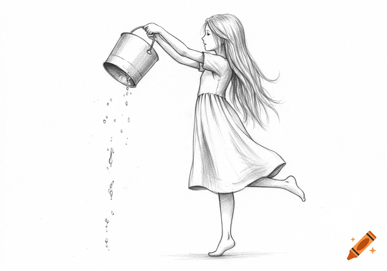 Pencil drawing of a girl in a dress balancing on one foot, pouring water from a bucket with an empty background.