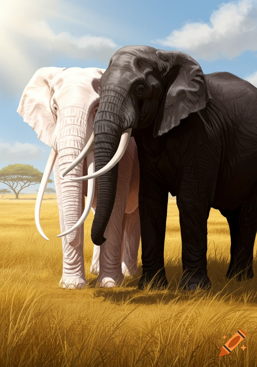 A white and a dark elephant stand together in a golden savanna under a blue sky, in a digital painting style.