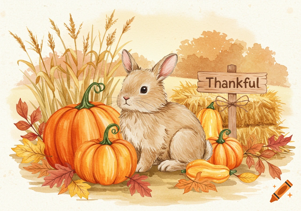 A watercolor illustration of a cute brown bunny sitting among pumpkins, gourds, fall leaves, and hay bales with a 'Thankful' sign.