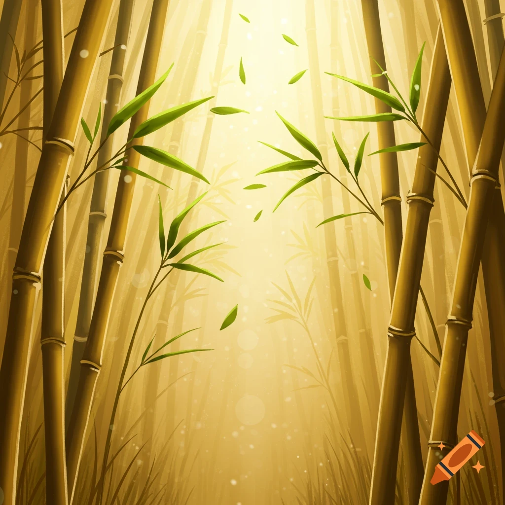 Stylized illustration of a bamboo forest with golden light rays and scattered green leaves.