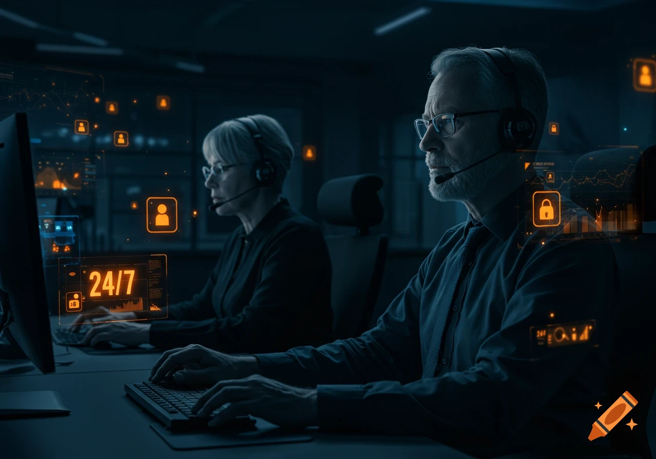 Two mature operators, a man and a woman, with headsets working at computers in a dark, tech-filled office with glowing 24/7 symbols.